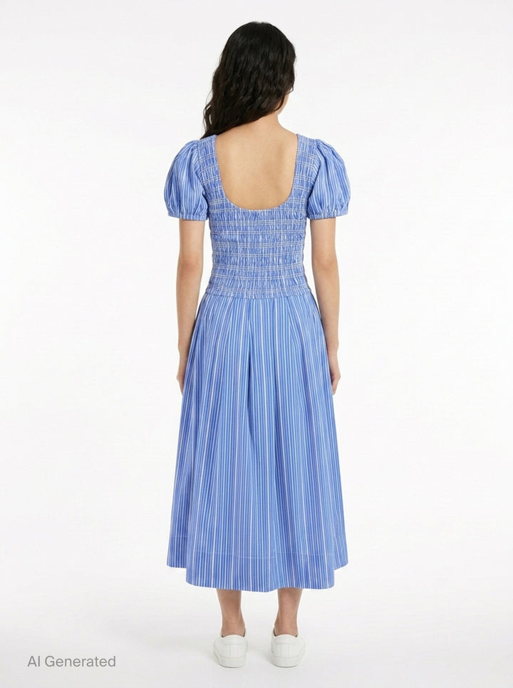 Stripe Cotton Smocked Long Dress | Ganni | Club21 - back