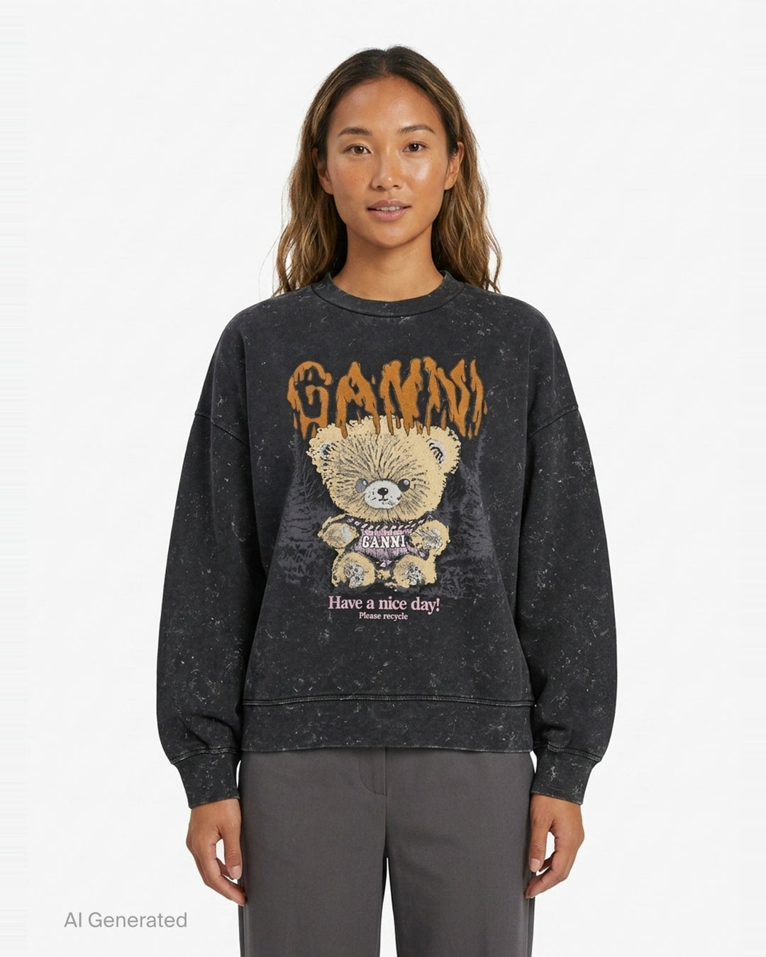 Ganni Teddy Forest Crewneck Sweatshirt in acid-washed black with dripping orange Ganni lettering and teddy bear mascot graphic on the front - front