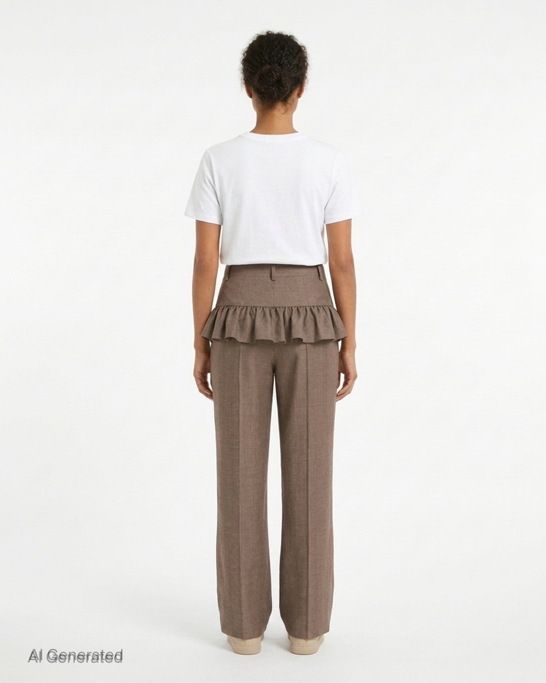Brown wool melange high-waisted trousers with a ruffled peplum waist and flared leg by Ganni - back