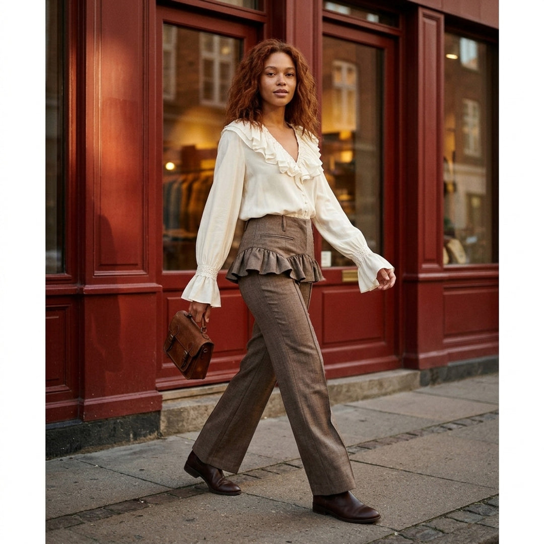 Brown wool melange high-waisted trousers with a ruffled peplum waist and flared leg by Ganni - lifestyle