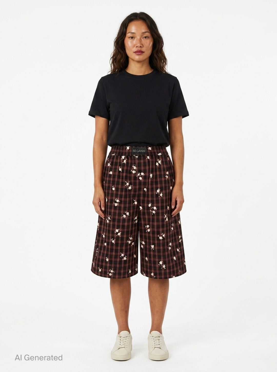 Yarn Dyed Check Flower Shorts | Ganni | Club21 - front