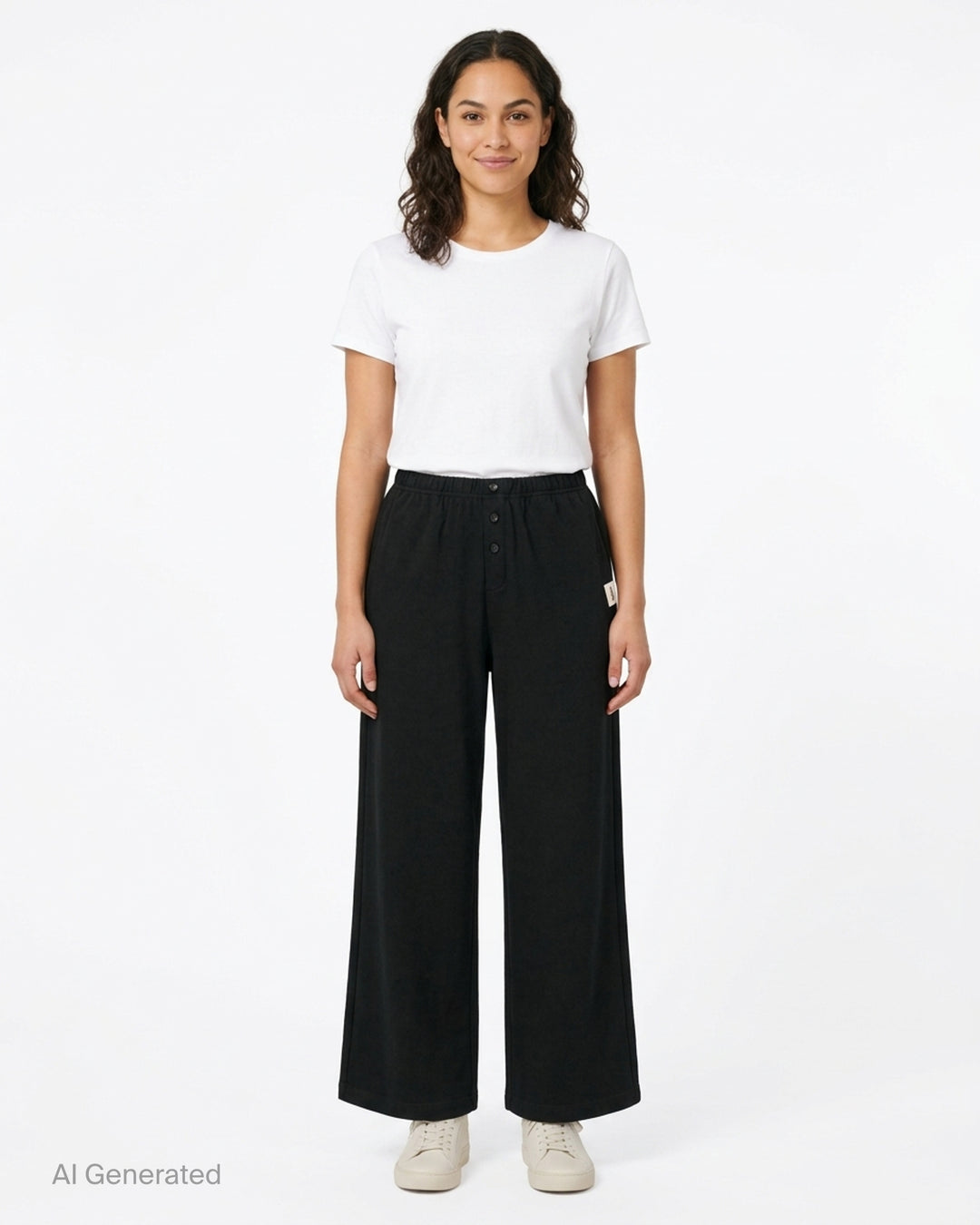 Glowny Button Fly Wide Leg Pants in black, featuring an elasticated waistband, three-button fly placket, wide-leg silhouette, and woven brand label tab at the hip - front