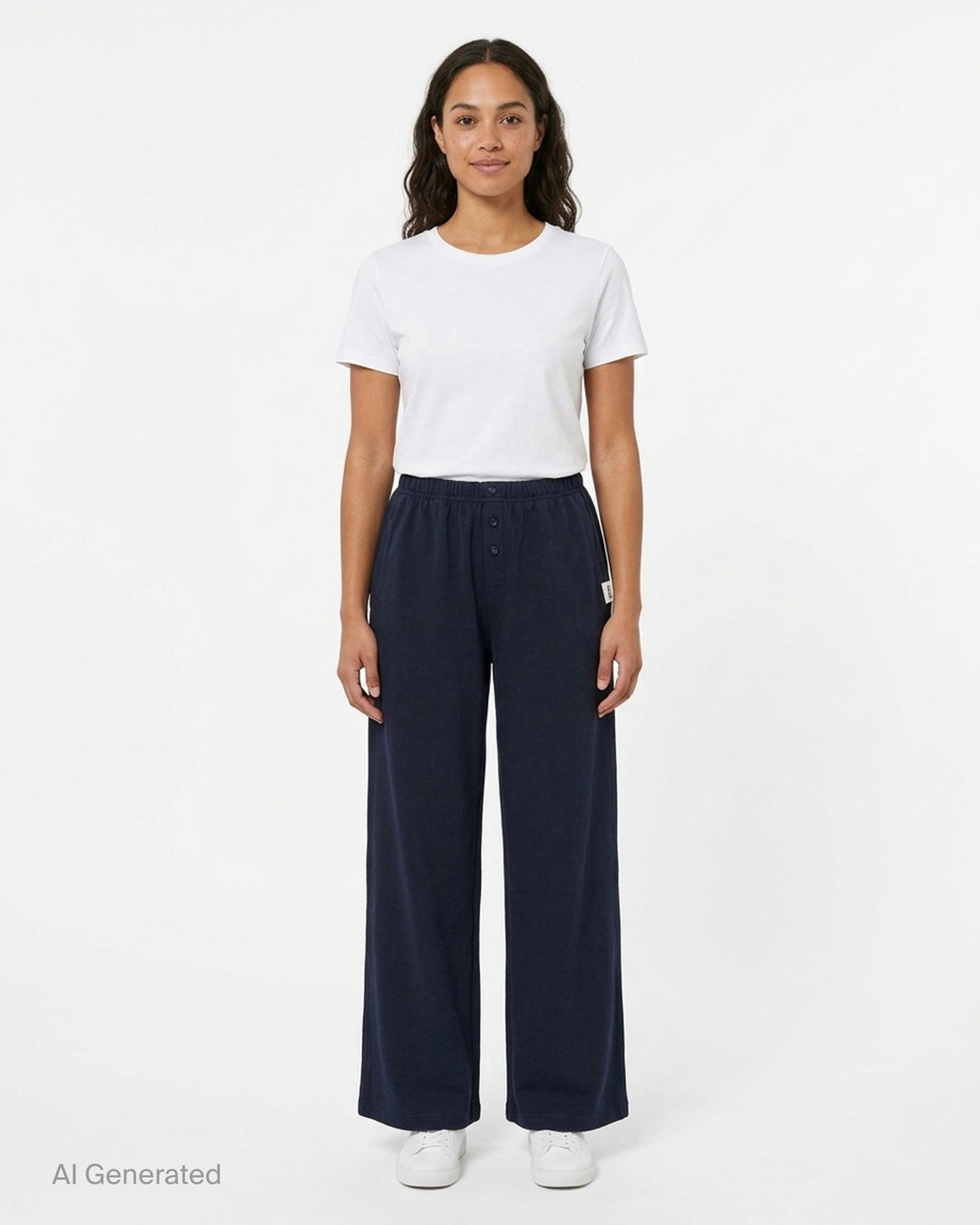 Glowny Button Fly Wide Leg Pants in black, featuring an elasticated waistband, three-button fly placket, wide-leg silhouette, and woven brand label tab at the hip - front