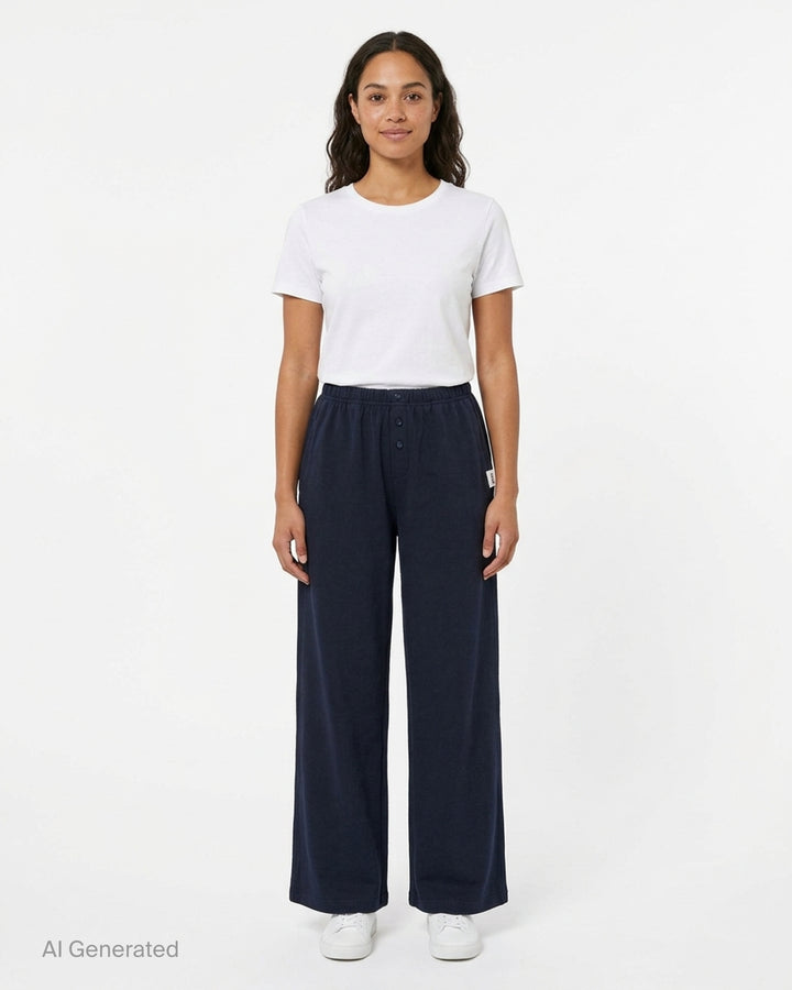 Glowny Button Fly Wide Leg Pants in black, featuring an elasticated waistband, three-button fly placket, wide-leg silhouette, and woven brand label tab at the hip - front