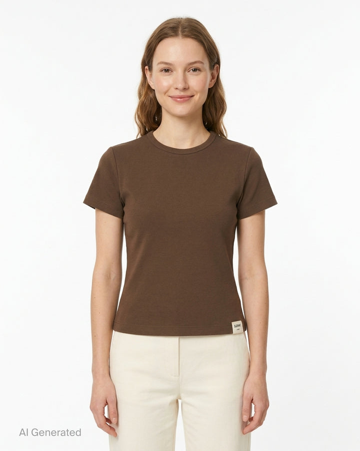 Glowny Classic Baby Tee in black — slim-fit cropped silhouette with a ribbed crew neck, short sleeves, and a woven Glowny label at the hem - front