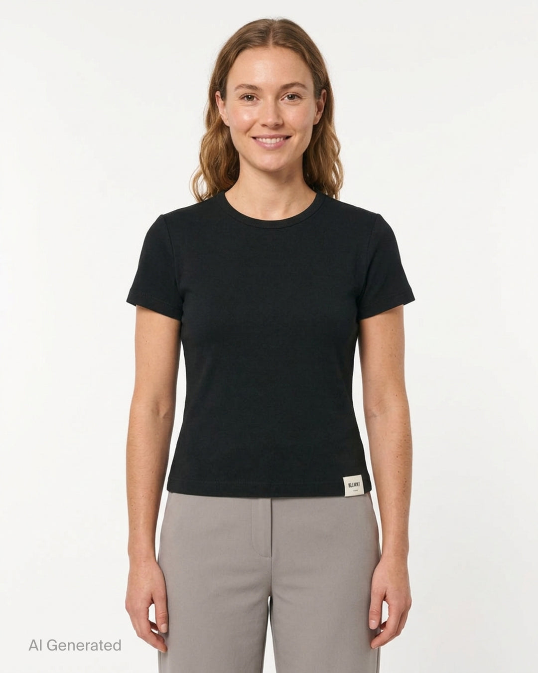 Glowny Classic Baby Tee in black — slim-fit cropped silhouette with a ribbed crew neck, short sleeves, and a woven Glowny label at the hem - front