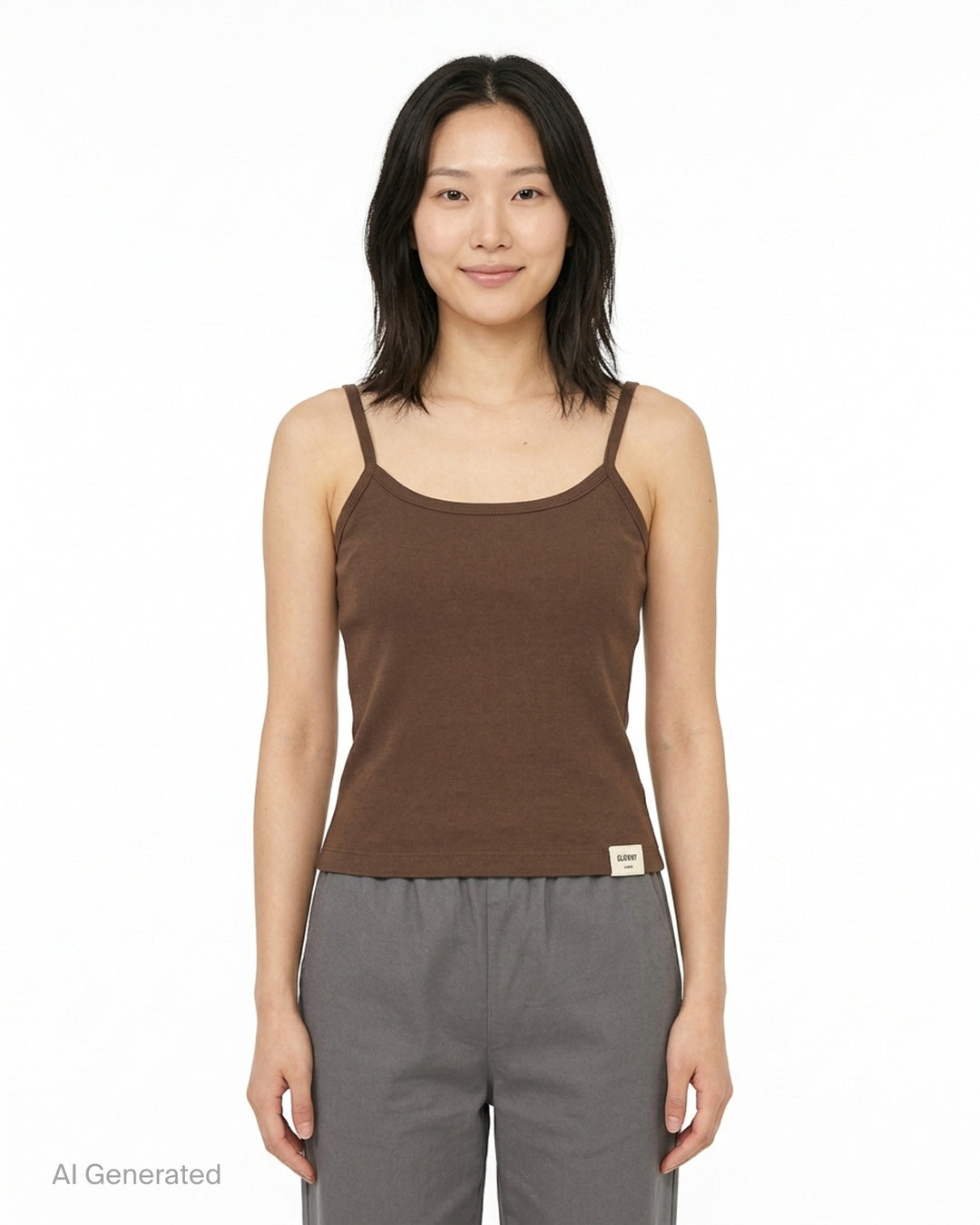 Glowny Classic Camisole in black — fine ribbed fabric, square neckline, thin straps, and woven brand label at the hem, shown on a flat lay against a white background - front