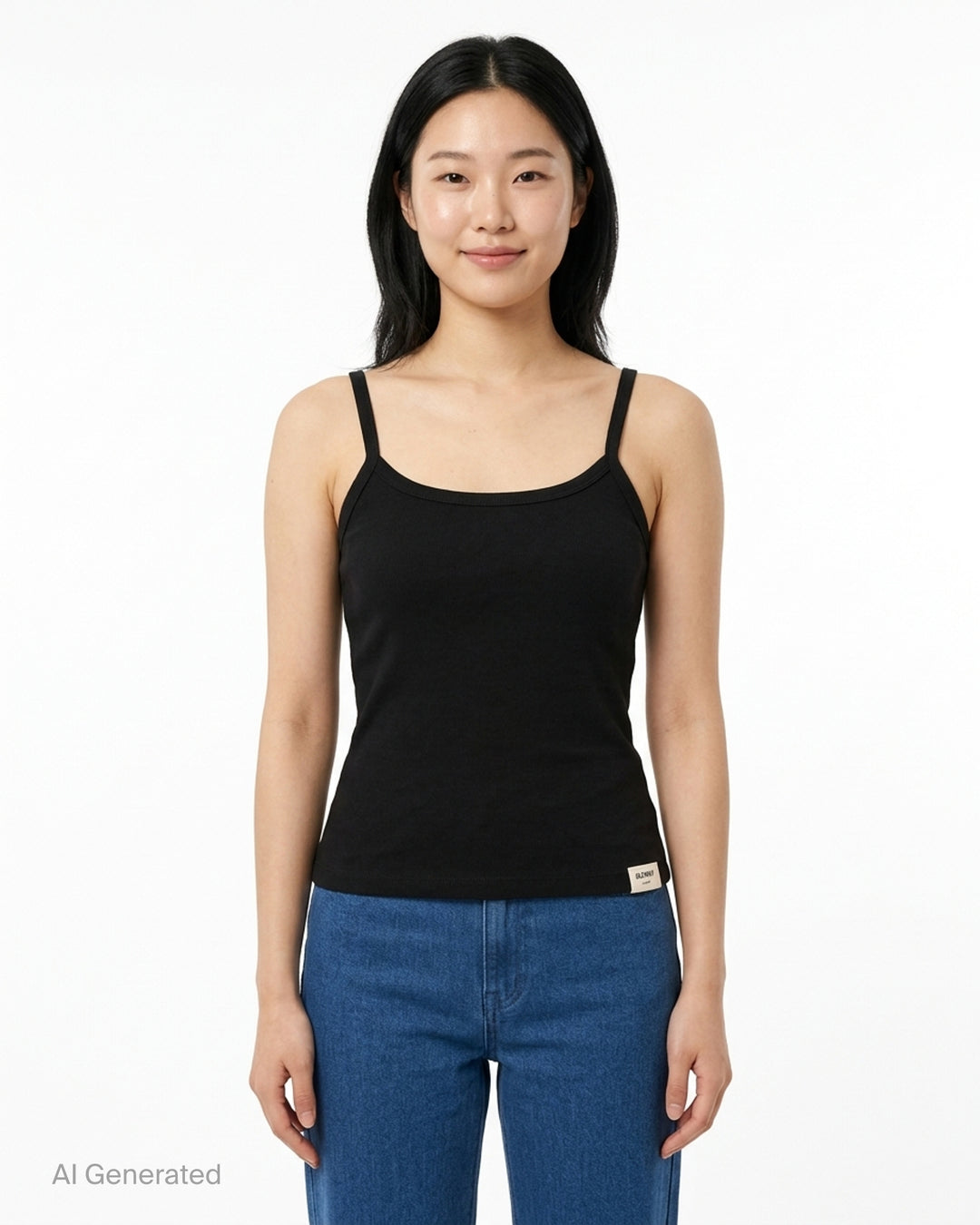 Glowny Classic Camisole in black — fine ribbed fabric, square neckline, thin straps, and woven brand label at the hem, shown on a flat lay against a white background - front