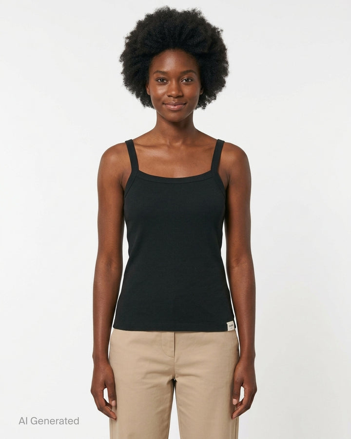 Glowny Classic Tank Top in black, featuring a square neckline, thin straight straps, fitted silhouette, and a woven Glowny label at the hem, photographed flat on a white background - front