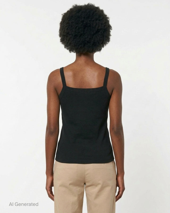 Glowny Classic Tank Top in black, featuring a square neckline, thin straight straps, fitted silhouette, and a woven Glowny label at the hem, photographed flat on a white background - back