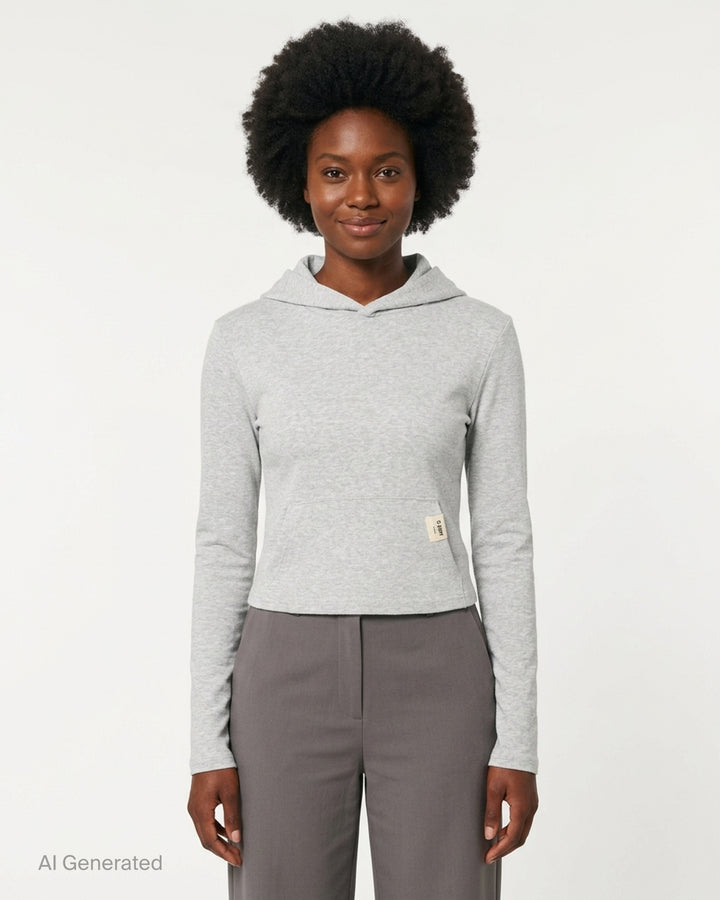 Glowny Comfort Cropped Hoodie in chocolate brown, featuring a fitted silhouette, draped hood, kangaroo pocket with woven brand patch, and long slim sleeves - front