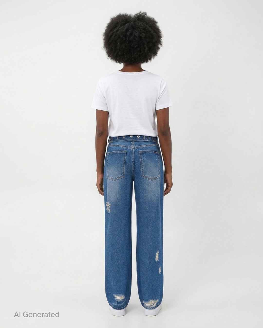 Glowny mid-blue distressed straight-leg jeans with frayed rips across the thighs and knees, shown front view - back