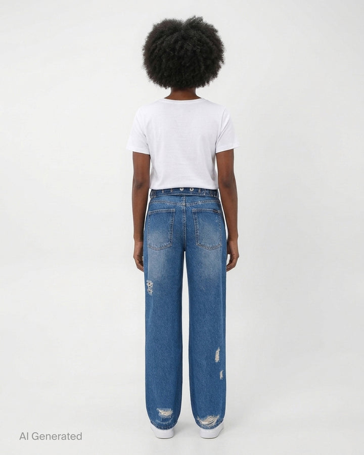 Glowny mid-blue distressed straight-leg jeans with frayed rips across the thighs and knees, shown front view - back