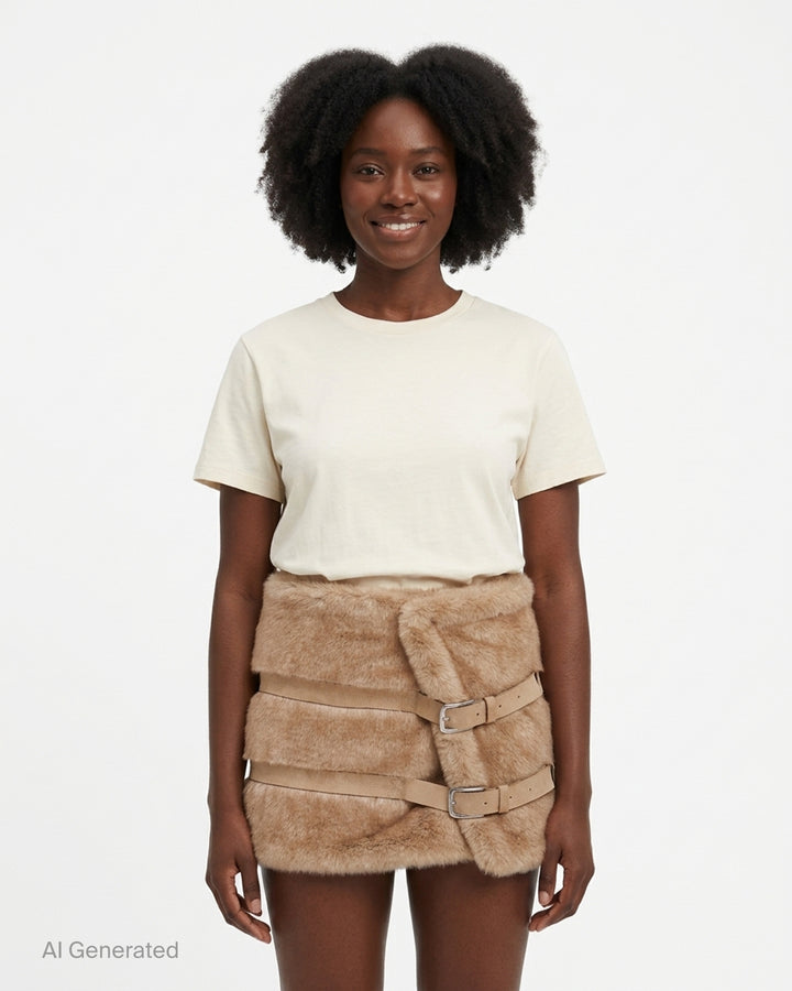Glowny Fluffy Belt Skirt in camel faux fur with two suede-look straps and silver buckles - front