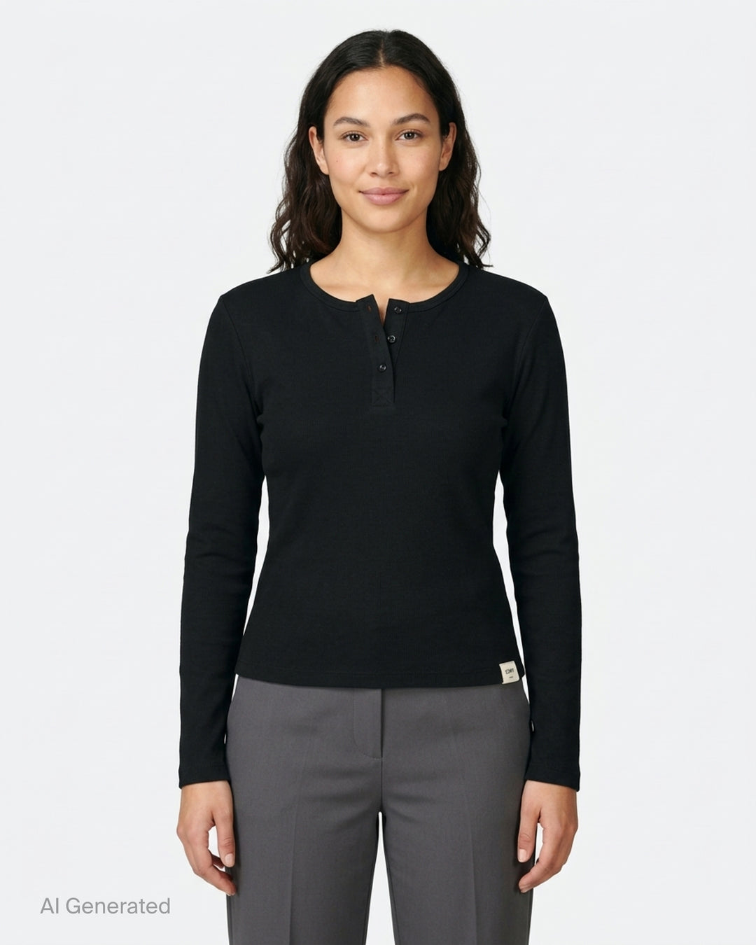 Glowny Long Sleeve Button Tee in black, featuring a short tonal button placket at the neckline, ribbed round collar, and a fitted jersey silhouette with woven brand label at the hem - front