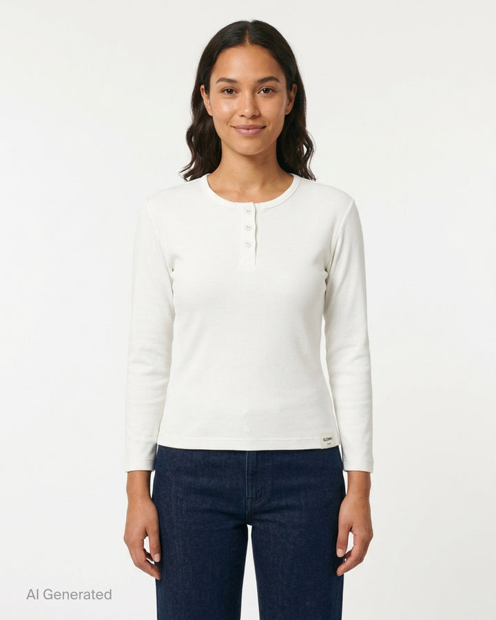 Glowny Long Sleeve Button Tee in black, featuring a short tonal button placket at the neckline, ribbed round collar, and a fitted jersey silhouette with woven brand label at the hem - front