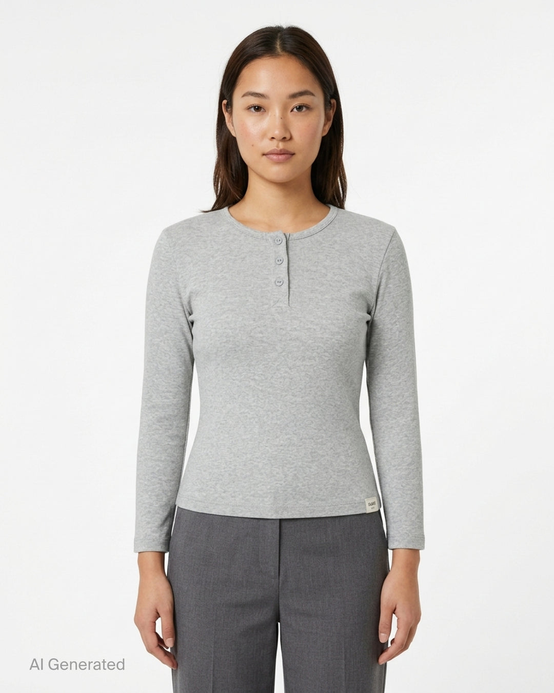 Glowny Long Sleeve Button Tee in black, featuring a short tonal button placket at the neckline, ribbed round collar, and a fitted jersey silhouette with woven brand label at the hem - front