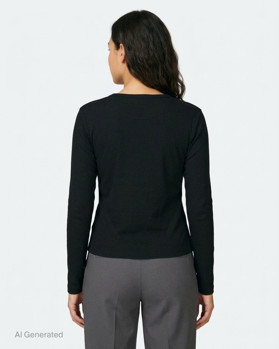 Glowny Long Sleeve Button Tee in black, featuring a short tonal button placket at the neckline, ribbed round collar, and a fitted jersey silhouette with woven brand label at the hem - back