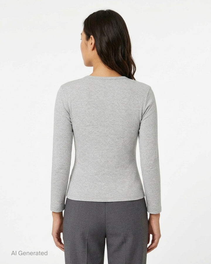 Glowny Long Sleeve Button Tee in black, featuring a short tonal button placket at the neckline, ribbed round collar, and a fitted jersey silhouette with woven brand label at the hem - back