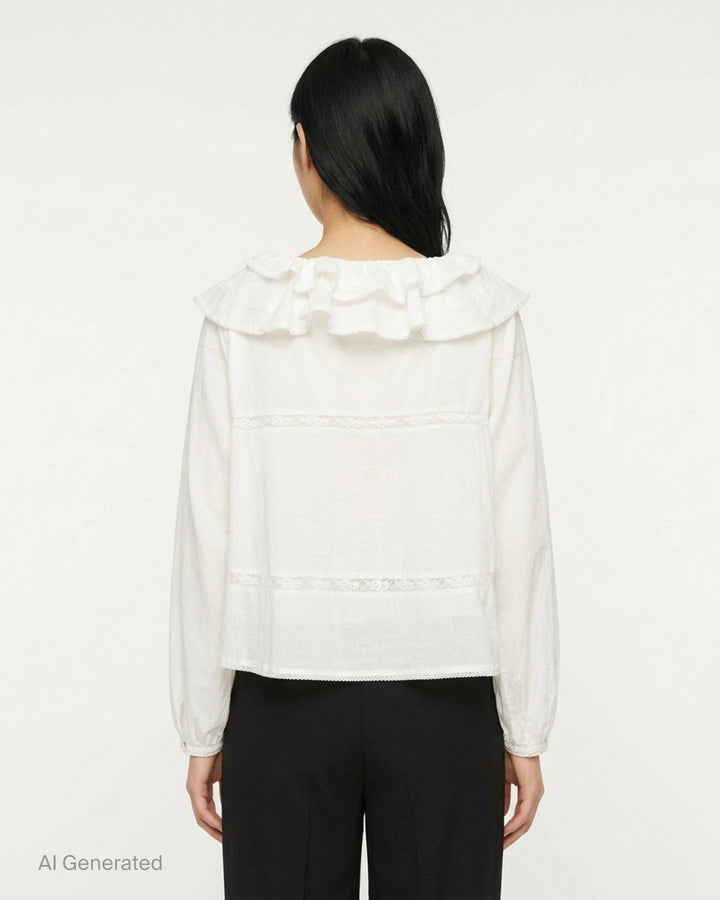 Glowny Mallow Lace Blouse in white with oversized double-tiered ruffle collar, lace trim inserts at the bodice and waist, and billowy long sleeves with elasticated cuffs - back