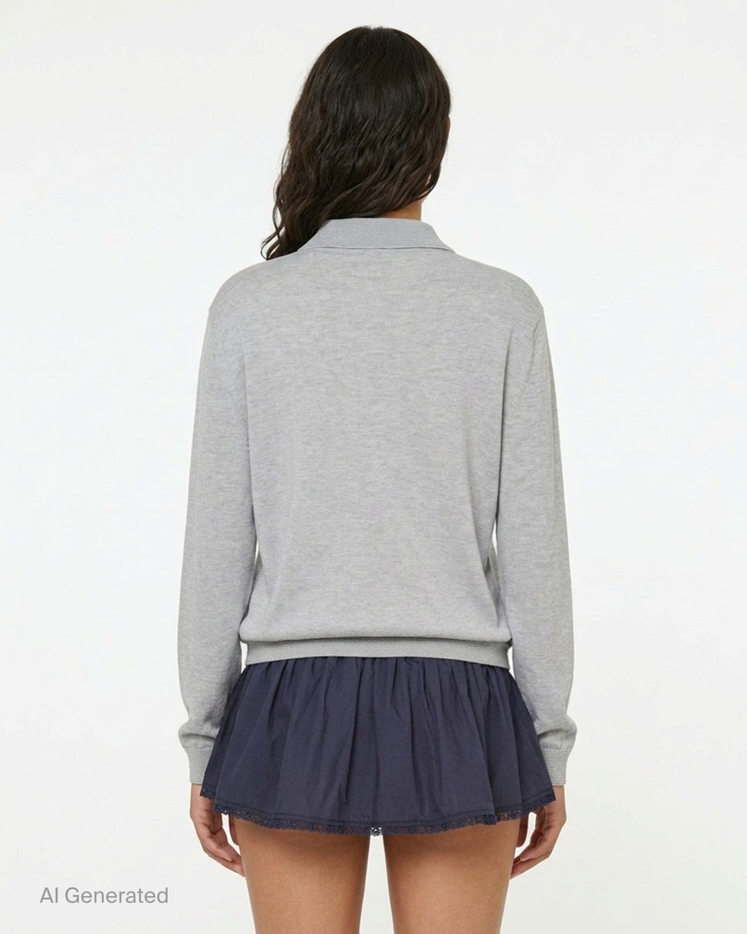 Glowny Nest Polo Mini Dress in grey marl knit with a ribbed polo collar, three-button placket, drawstring waist, and a navy pleated skirt panel with lace hem trim - back