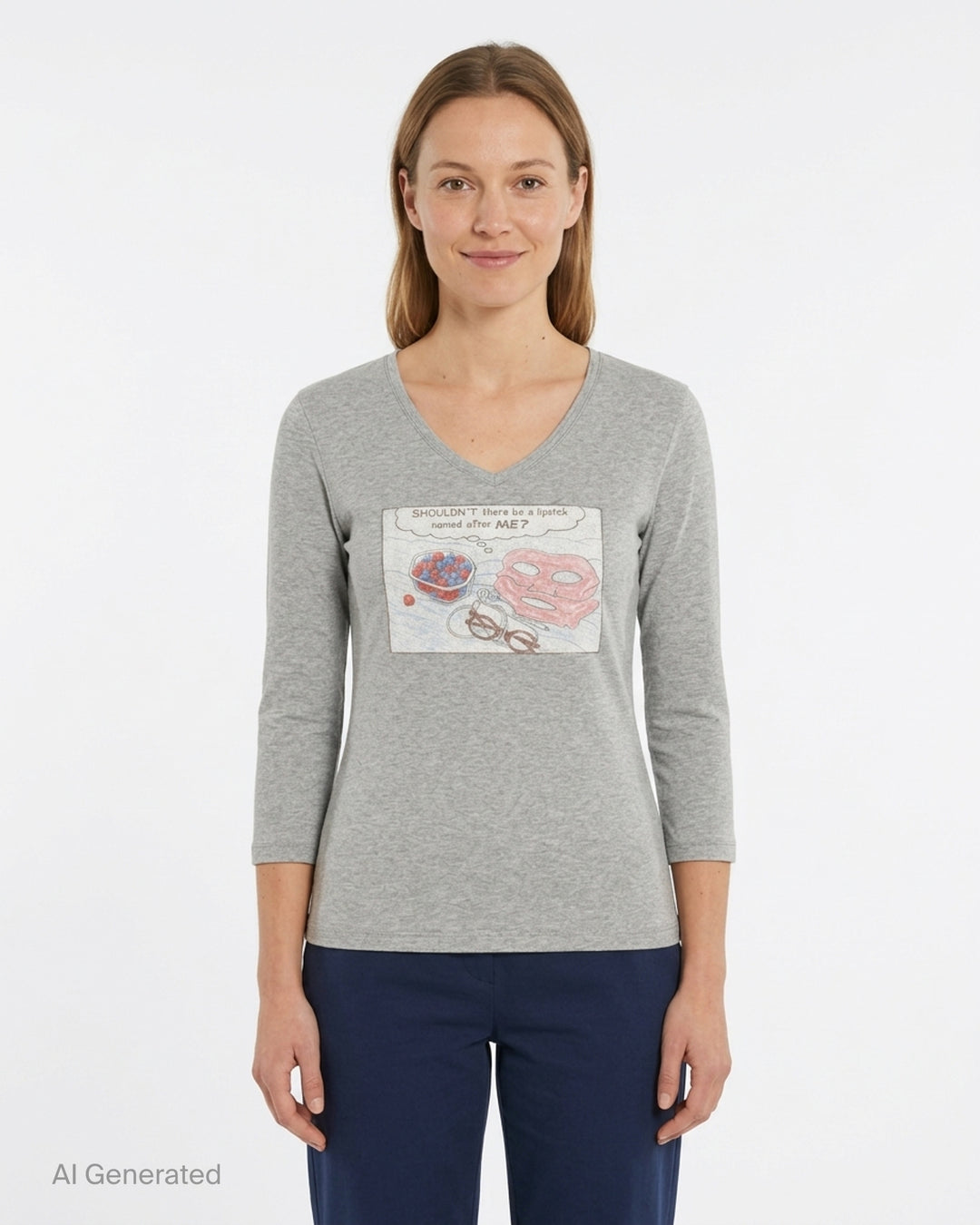Glowny Off Duty Girl heather grey V-neck three-quarter sleeve tee with a comic-strip graphic print featuring a pink face mask, a bowl of berries, spectacles, and the text 'SHOULDN'T there be a lipstick named after ME?' - front