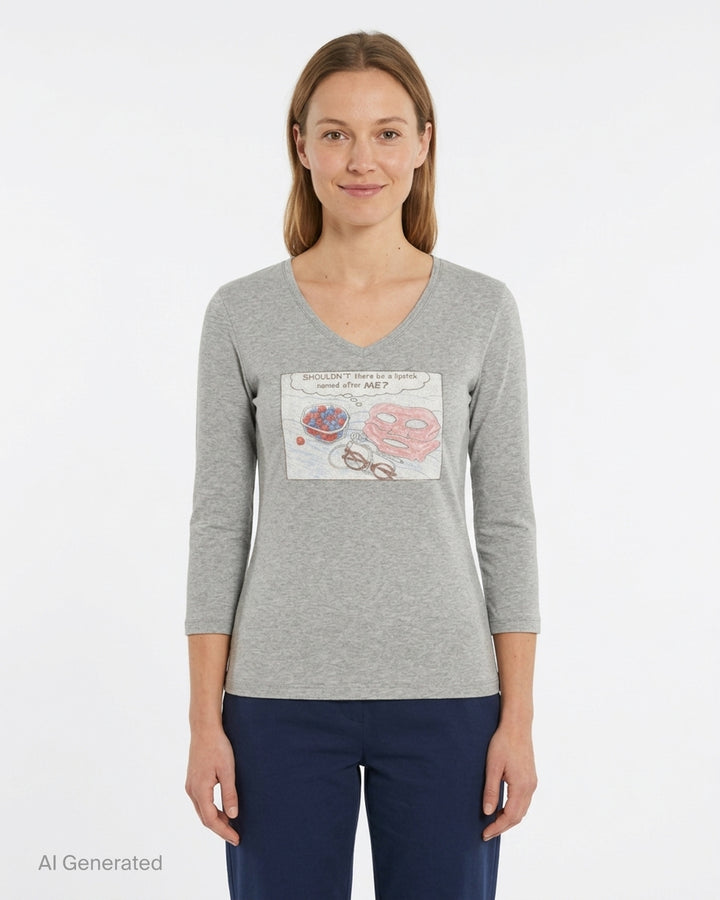 Glowny Off Duty Girl heather grey V-neck three-quarter sleeve tee with a comic-strip graphic print featuring a pink face mask, a bowl of berries, spectacles, and the text 'SHOULDN'T there be a lipstick named after ME?' - front