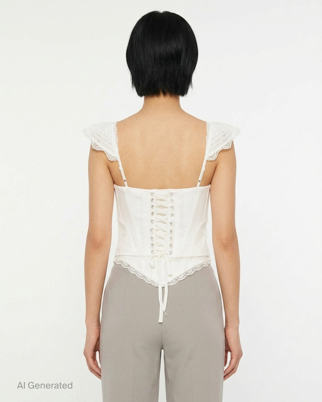 Glowny Powder Corset Top in deep plum with black lace ruffled cap sleeves, lace bust panel, satin ribbon bow tie, boning panels and scalloped lace hem, displayed on a white background - back