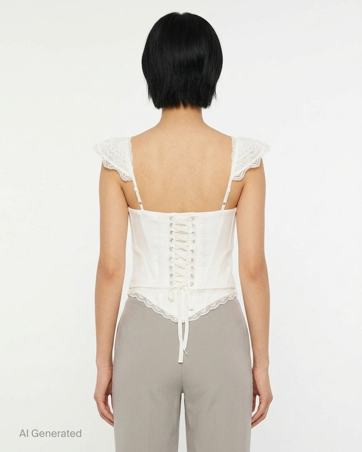 Glowny Powder Corset Top in deep plum with black lace ruffled cap sleeves, lace bust panel, satin ribbon bow tie, boning panels and scalloped lace hem, displayed on a white background - back
