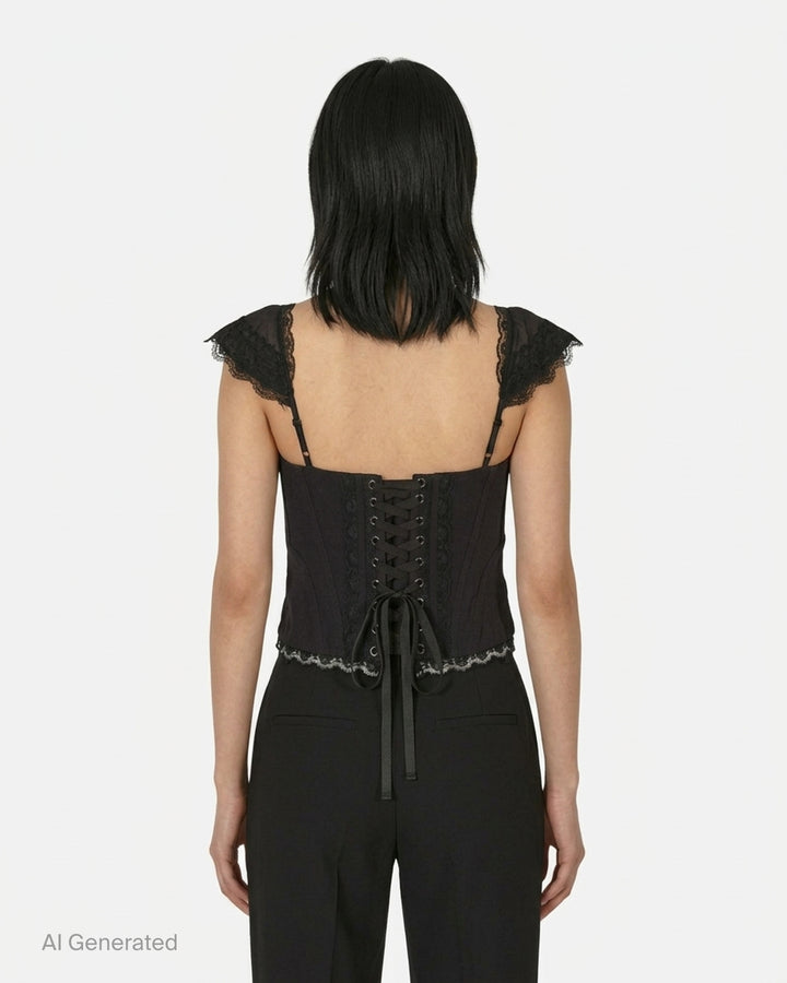 Glowny Powder Corset Top in deep plum with black lace ruffled cap sleeves, lace bust panel, satin ribbon bow tie, boning panels and scalloped lace hem, displayed on a white background - back