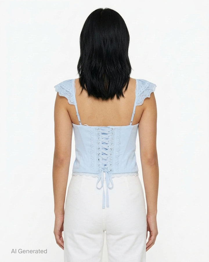 Glowny Powder Corset Top in deep plum with black lace ruffled cap sleeves, lace bust panel, satin ribbon bow tie, boning panels and scalloped lace hem, displayed on a white background - back