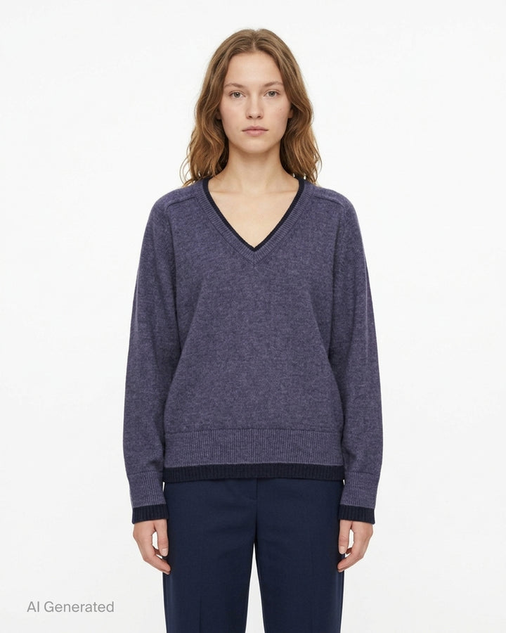 Glowny Raccoon Hazy Layered V-Neck Sweater in heather grey with blush pink contrast trim at the neckline, hem, and cuffs, displayed on a white background - front