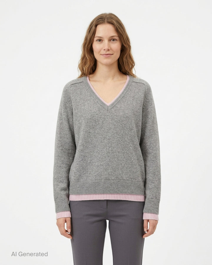 Glowny Raccoon Hazy Layered V-Neck Sweater in heather grey with blush pink contrast trim at the neckline, hem, and cuffs, displayed on a white background - front