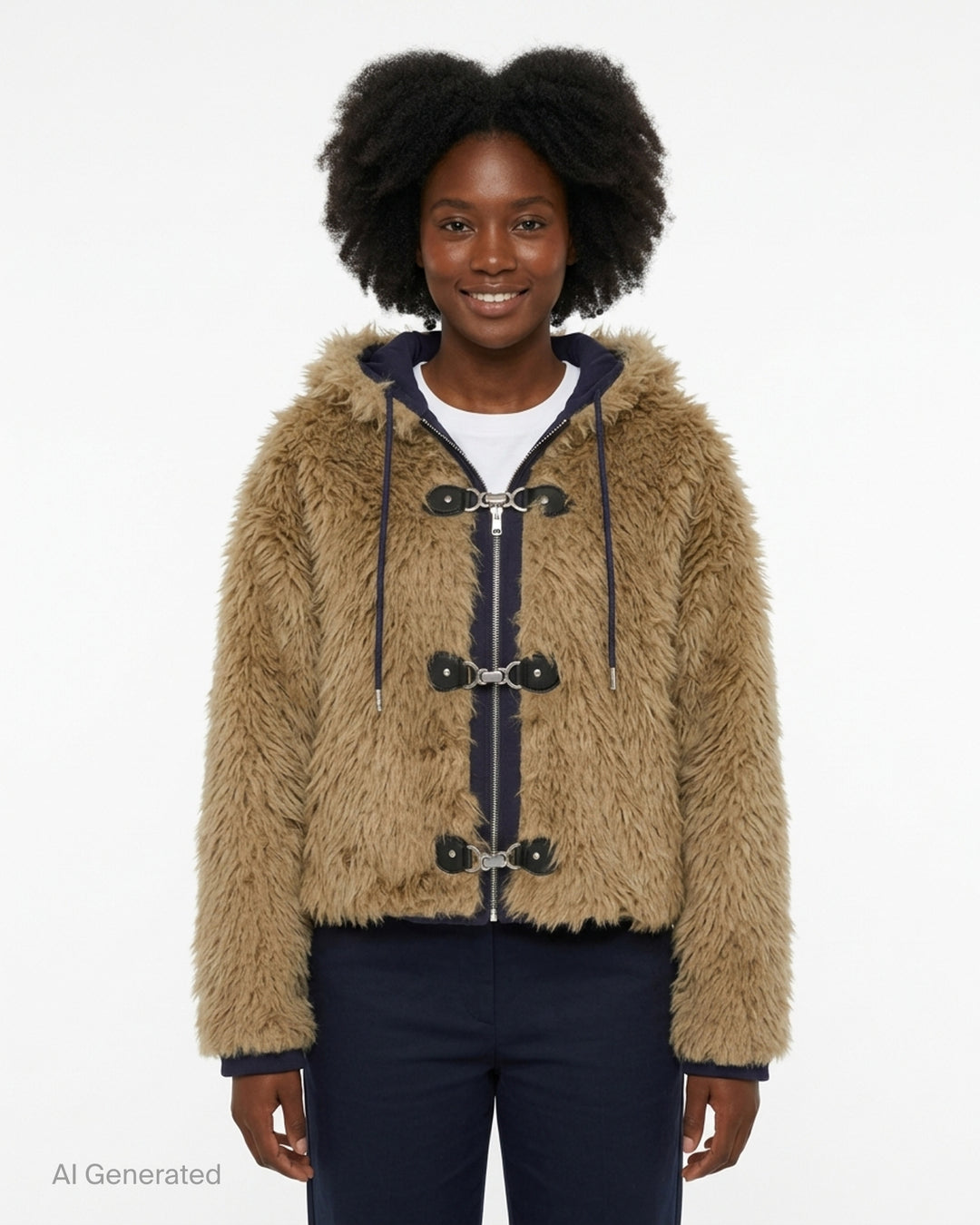 Glowny Flurry Reversible Fur Jacket in camel shaggy faux fur with navy contrast zip placket, toggle buckle closures, hood, and ribbed cuffs - front