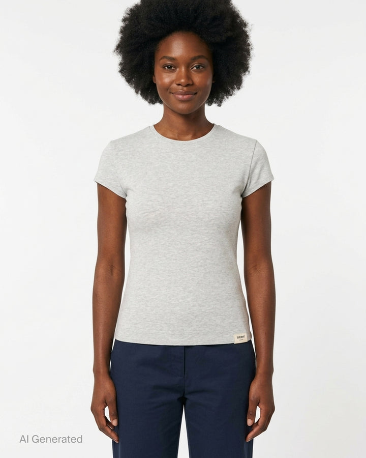 Glowny Slim Short Sleeve Tee in light grey marl, featuring a crew neckline, cap sleeves, and a fitted silhouette with a woven brand label at the hem - front