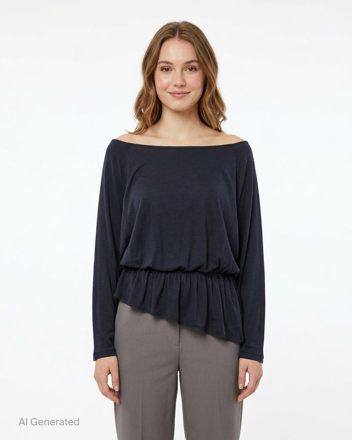 Glowny Sway Shirring Long Sleeve Blouse in heather grey, featuring a relaxed batwing silhouette, broad boat neckline, and an elasticated shirred frill hem - front