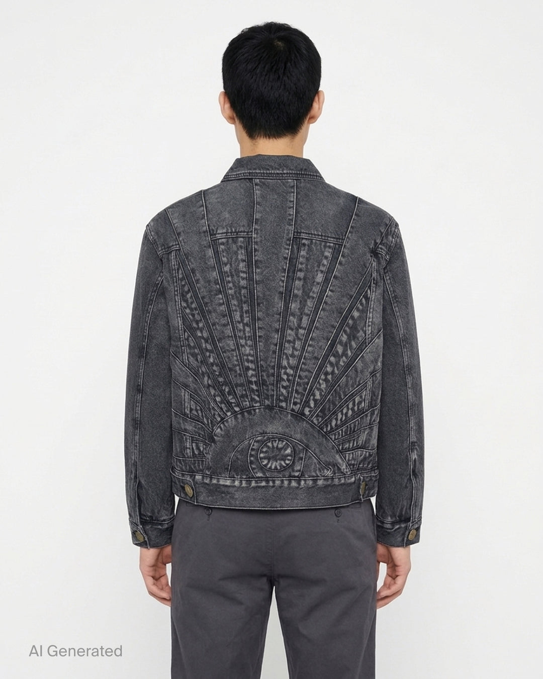 House of Errors All Seeing Denim Jacket in faded black with radiating stitched chest panels and engraved brass eye buttons - back
