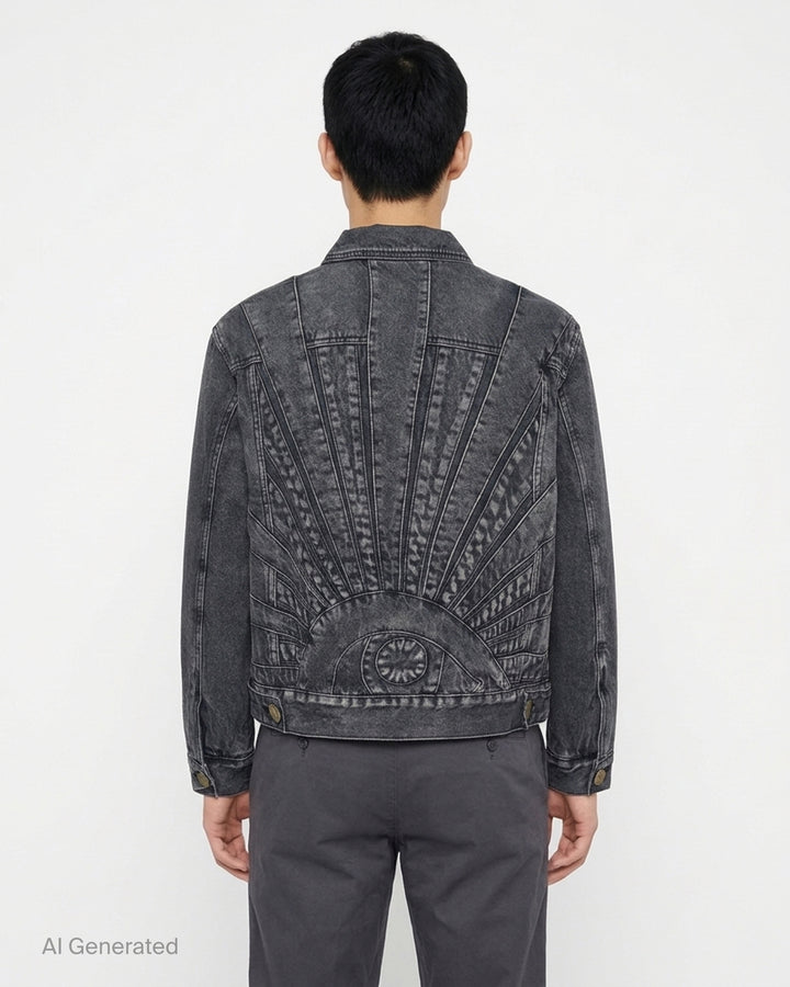 House of Errors All Seeing Denim Jacket in faded black with radiating stitched chest panels and engraved brass eye buttons - back