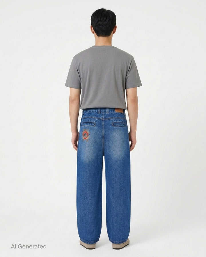 House of Errors Crown Jeans in mid-wash blue denim with whiskered fading, wide-leg cut and gold-tone engraved button, shown flat from the front - back