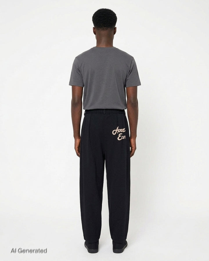 Black knitted pleated wide-leg trousers with a button waistband and a small embroidered cat burglar motif at the hem - back