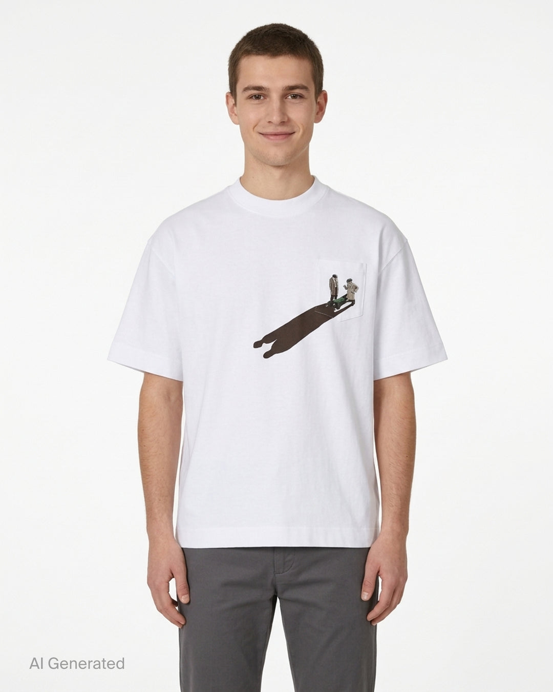 White House of Errors The Body Pocket T-Shirt with an embroidered detective scene on the chest pocket and a long printed shadow across the front - front