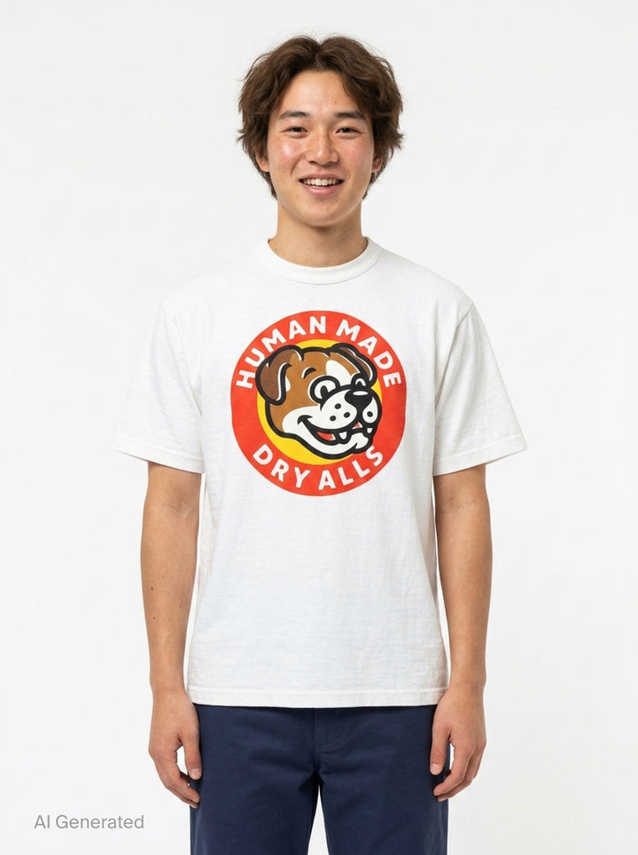 Human Made Dry Alls Graphic Tee in black, featuring a large circular bulldog mascot badge print at the chest with red, yellow, and white detailing - front