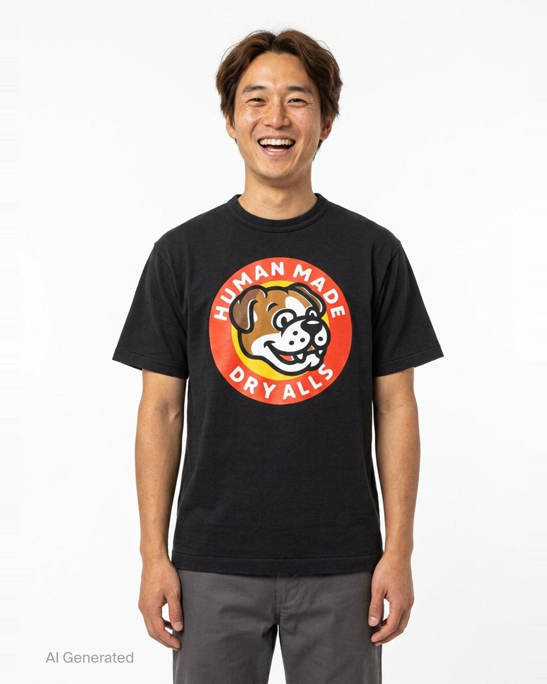 Human Made Dry Alls Graphic Tee in black, featuring a large circular bulldog mascot badge print at the chest with red, yellow, and white detailing - front