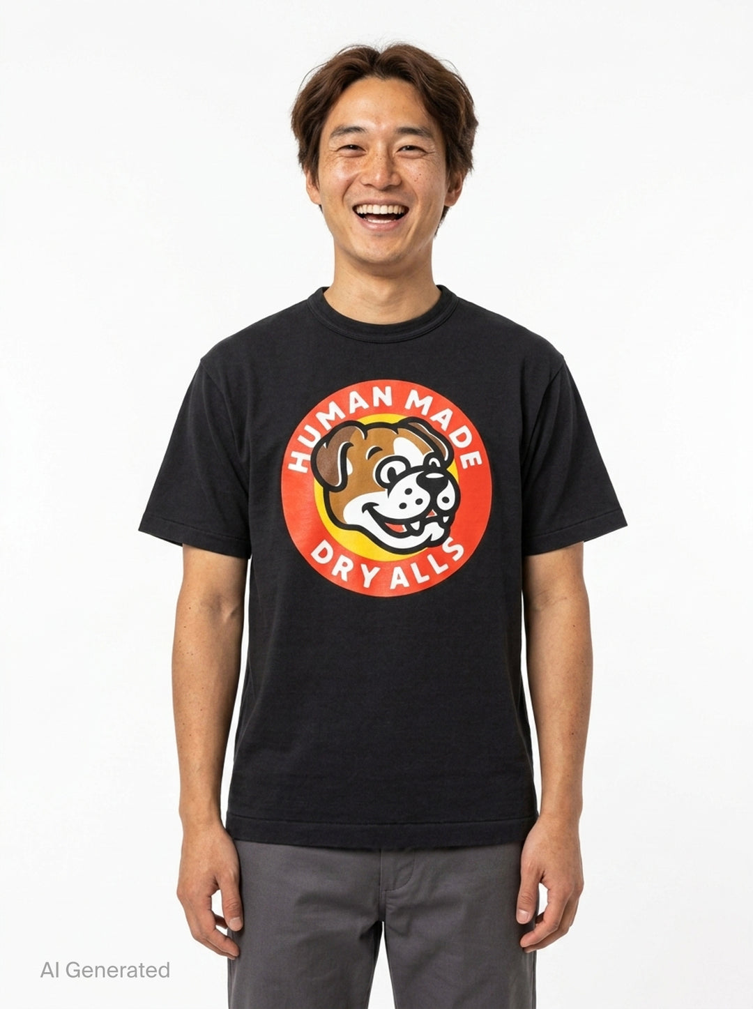 Human Made Dry Alls Graphic Tee in black, featuring a large circular bulldog mascot badge print at the chest with red, yellow, and white detailing - front