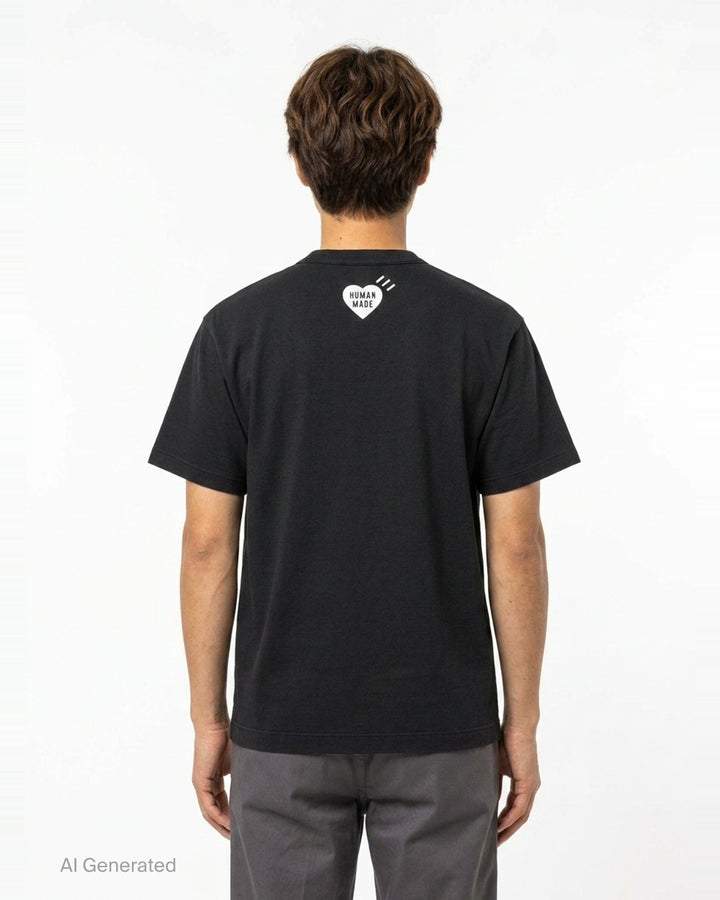 Human Made Dry Alls Graphic Tee in black, featuring a large circular bulldog mascot badge print at the chest with red, yellow, and white detailing - back