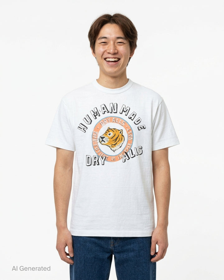 Human Made black short-sleeve graphic t-shirt featuring a tiger head crest, 'Dry Alls' circular slogan and painted-style Human Made lettering on the chest - front