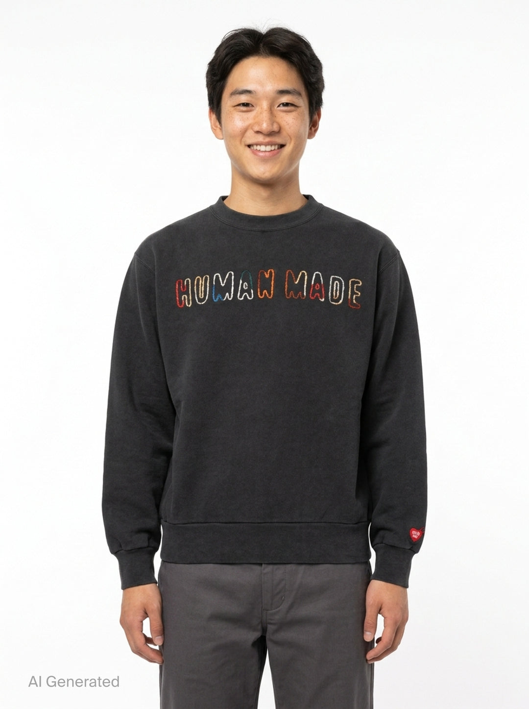 Human Made Embroidered Crewneck Sweatshirt in washed black with multicolour chain-stitch logo lettering across the chest and a heart logo patch on the cuff - front