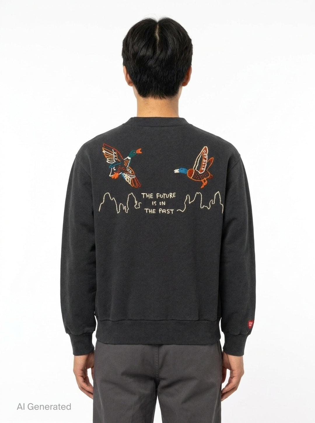 Human Made Embroidered Crewneck Sweatshirt in washed black with multicolour chain-stitch logo lettering across the chest and a heart logo patch on the cuff - back