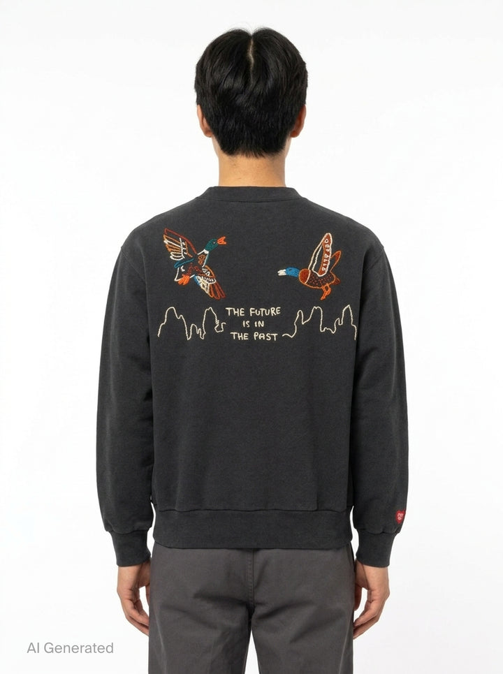 Human Made Embroidered Crewneck Sweatshirt in washed black with multicolour chain-stitch logo lettering across the chest and a heart logo patch on the cuff - back