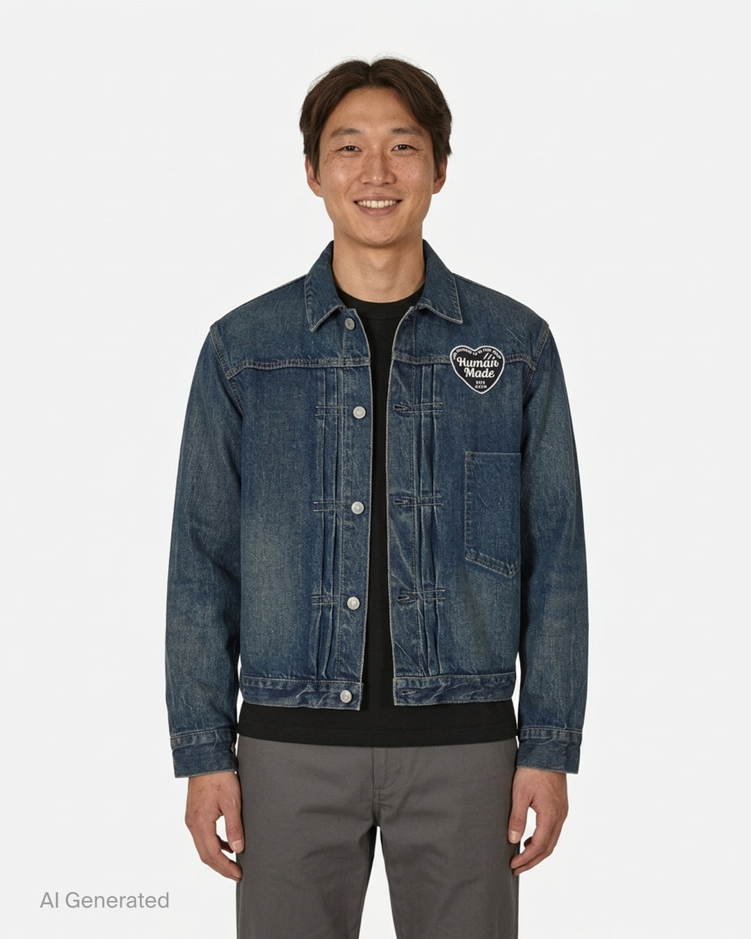 Human Made washed indigo denim work jacket with pleated front, button closure and heart-shaped logo patch on the chest - front